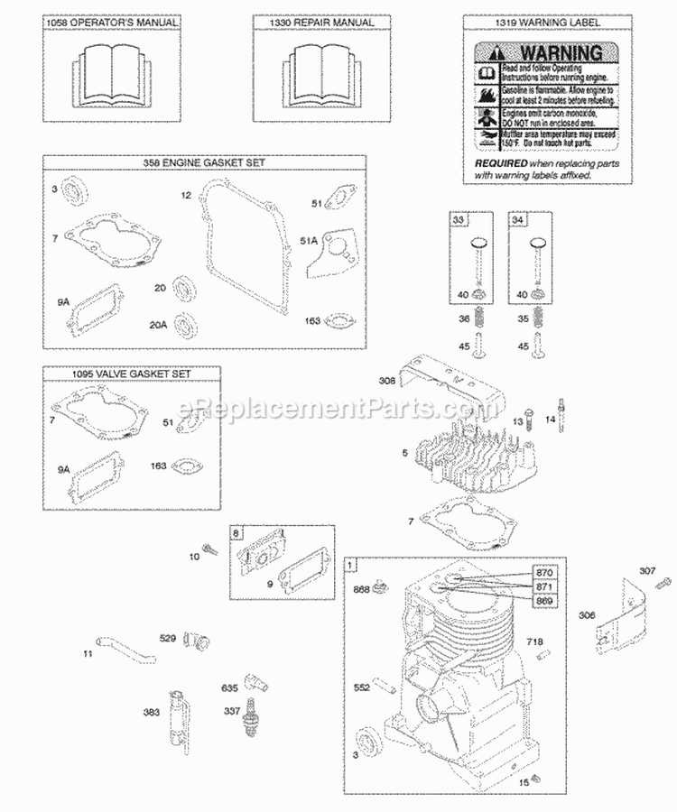 Cylinder Cylinder Head Gasket Set - Engine Gasket Set - Valve OperatorS Manual Warning Label Diagram and Parts List for  Briggs and Stratton Engine